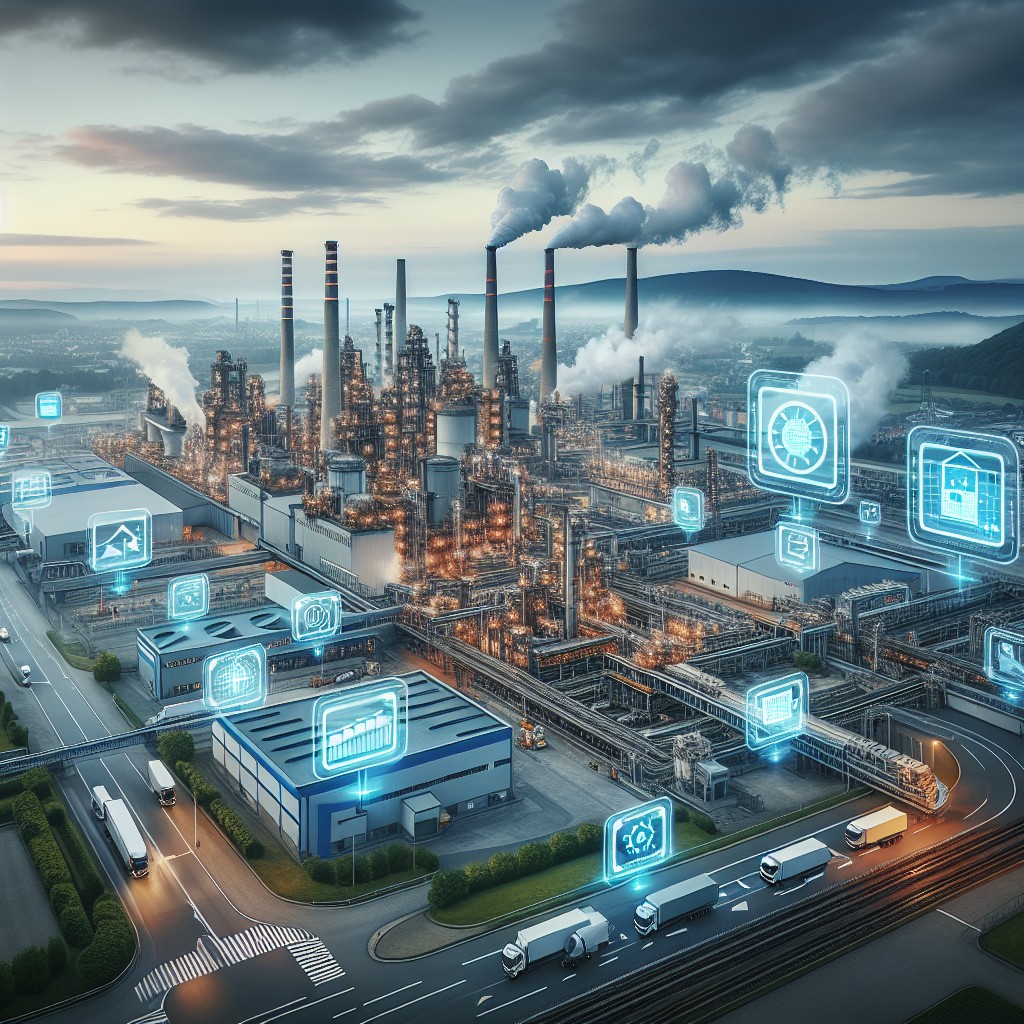 Vue d'une région industrielle en Wallonie intégrant des technologies numériques avancées.