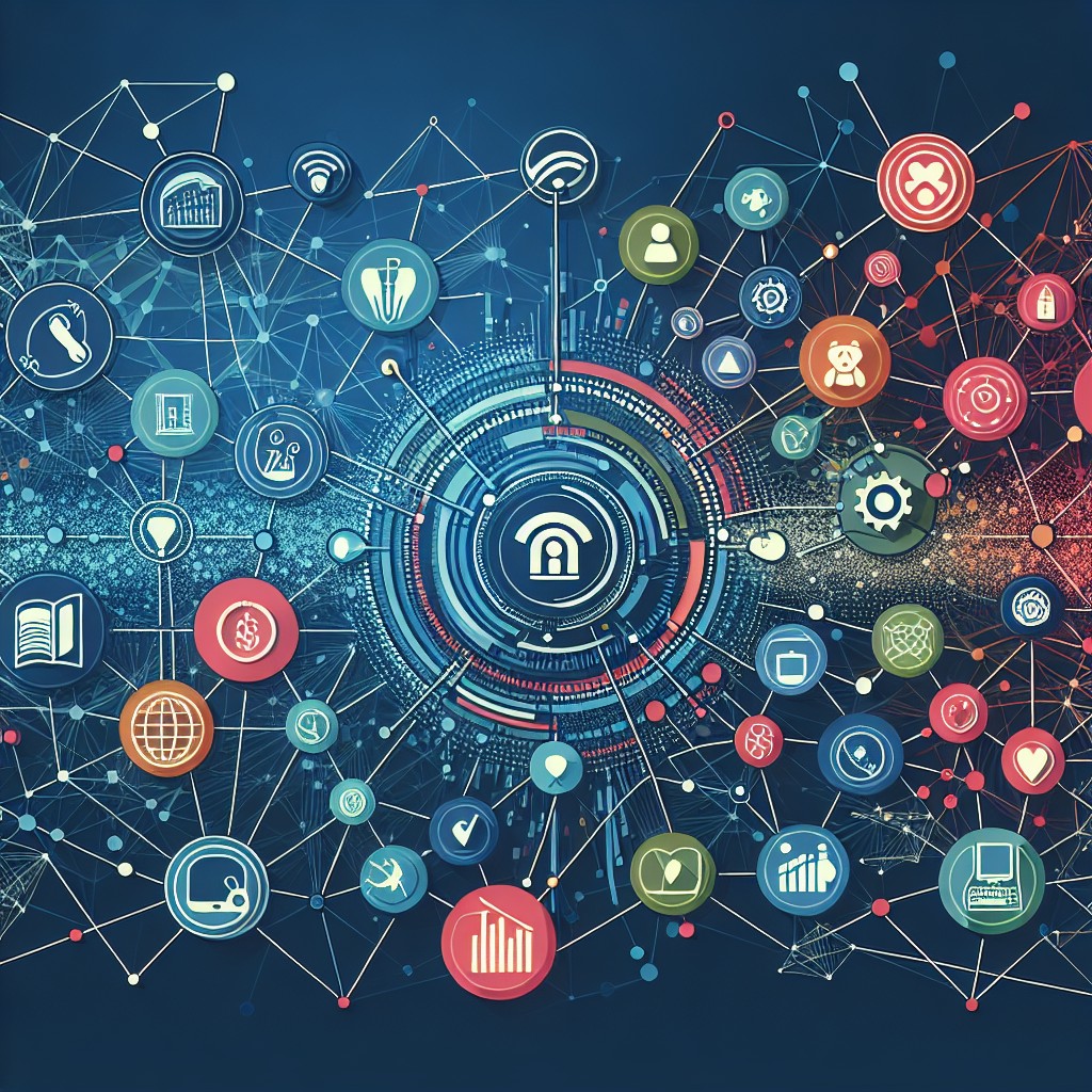 Une illustration symbolisant la révolution numérique avec des éléments d'économie et de société interconnectés.