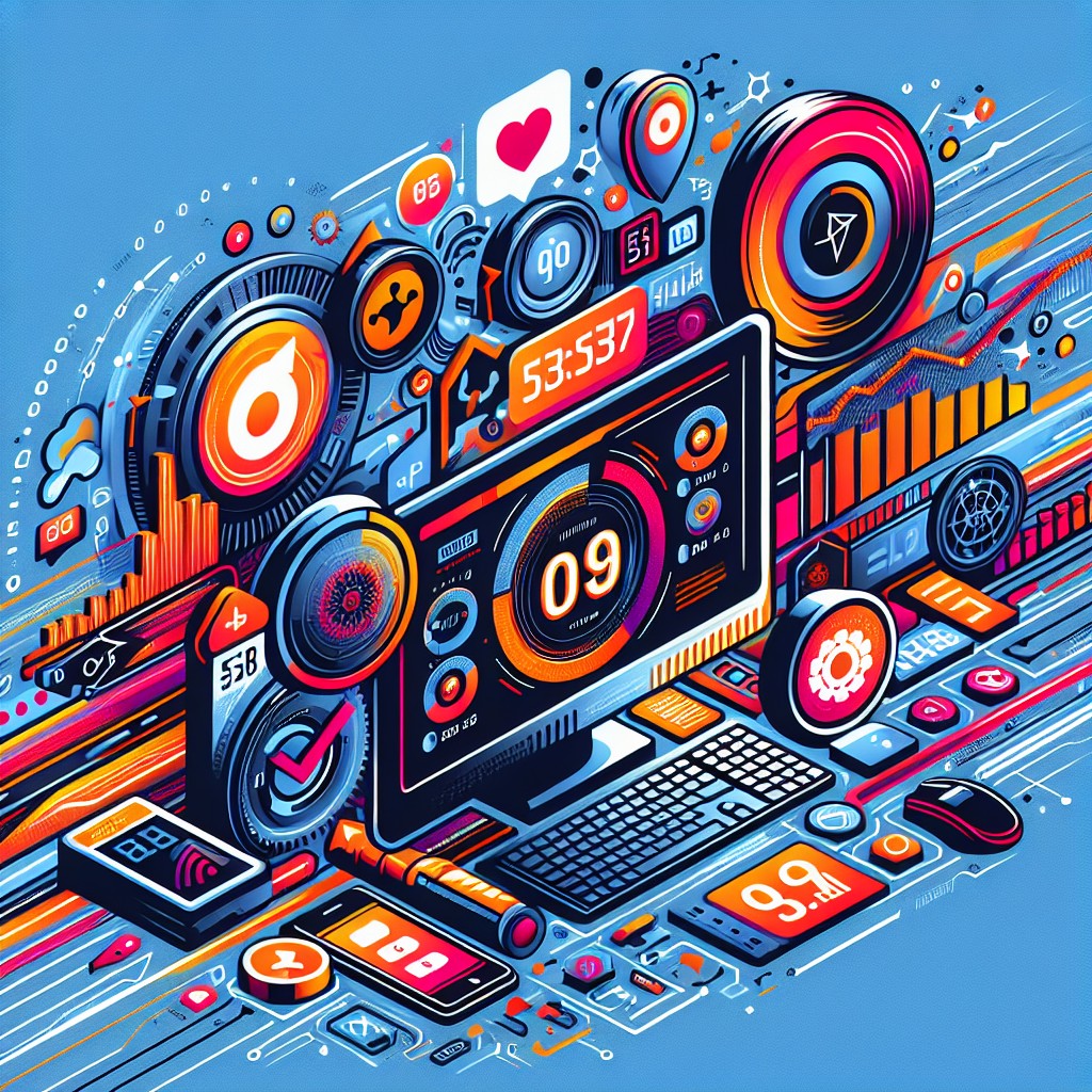 Image de couverture illustrant une présence digitale dynamique avec des éléments comme un ordinateur, des réseaux sociaux et des chiffres de performance.