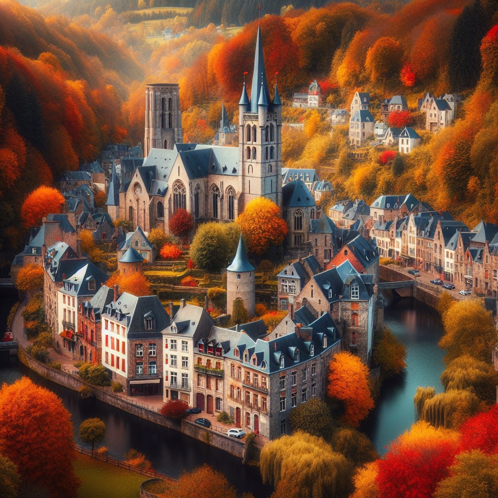 Vue pittoresque de la Wallonie en automne, avec forêts colorées et architecture médiévale.