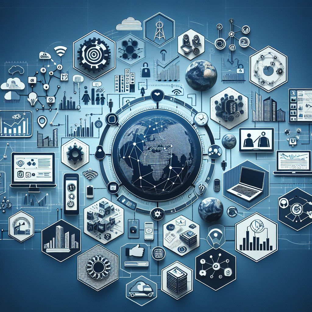 Une illustration montrant des éléments de présence digitale, comme des appareils connectés, des graphes analytiques, et des interactions en ligne.