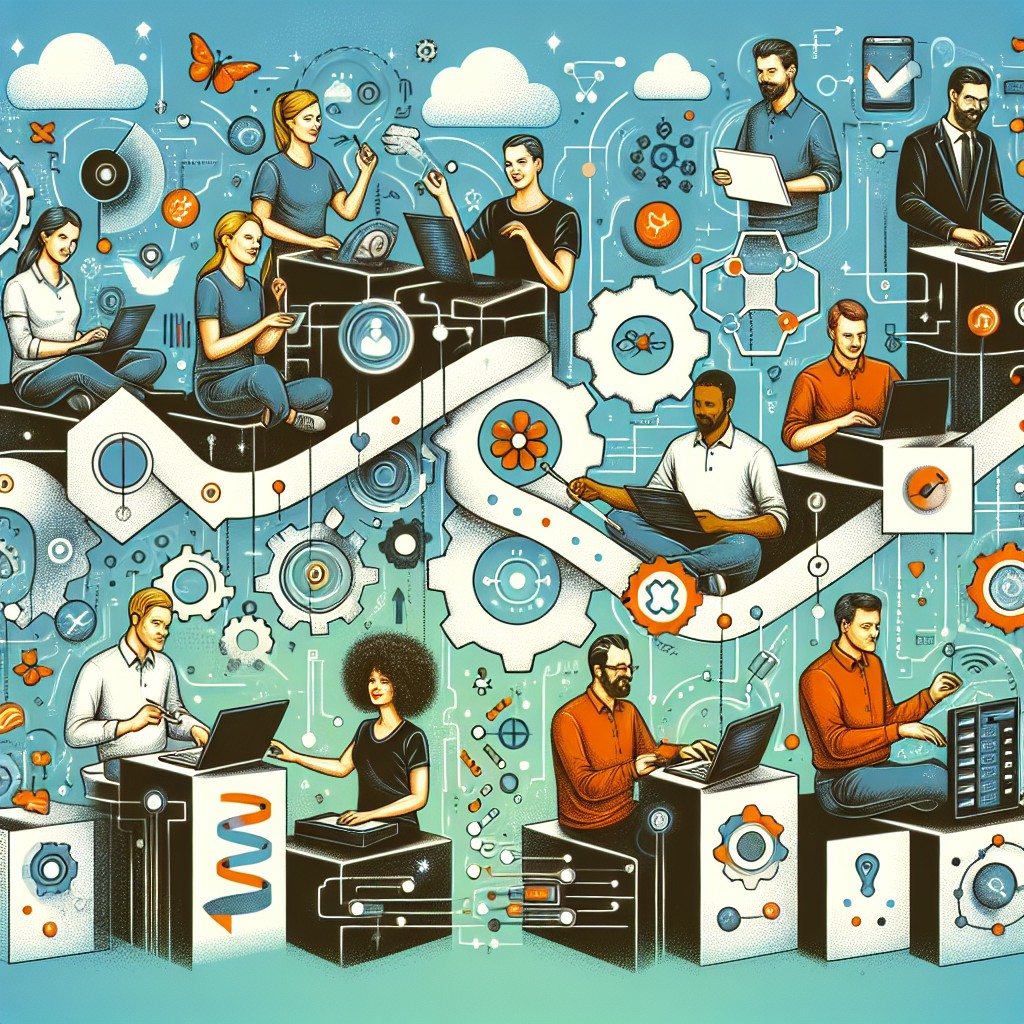 Image de couverture représentant la transformation numérique grâce à DevOps, avec des illustrations de collaboration d'équipe, d'automatisation et d'intégration continue.