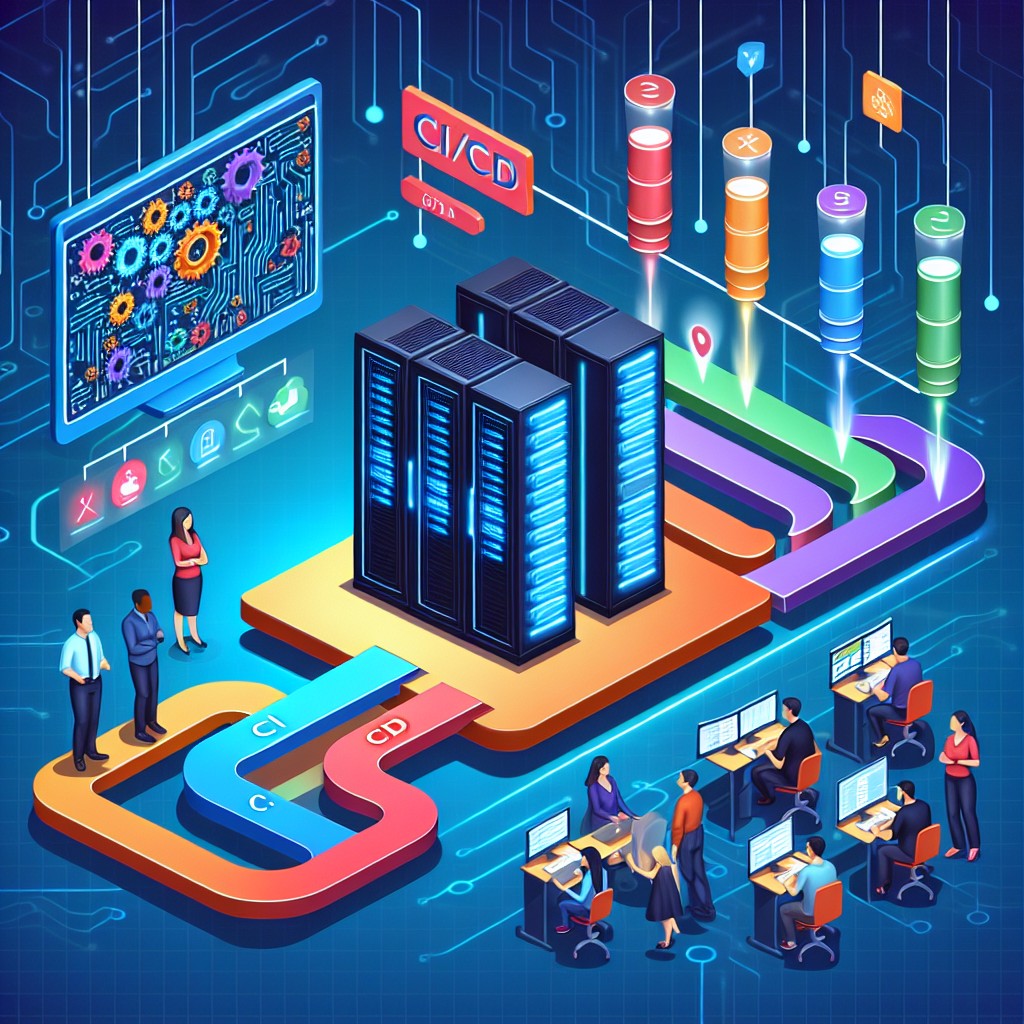 Image de couverture montrant des concepts de DevOps avec des éléments technologiques modernes tels que des serveurs, des pipelines CI/CD, et des équipes collaborant