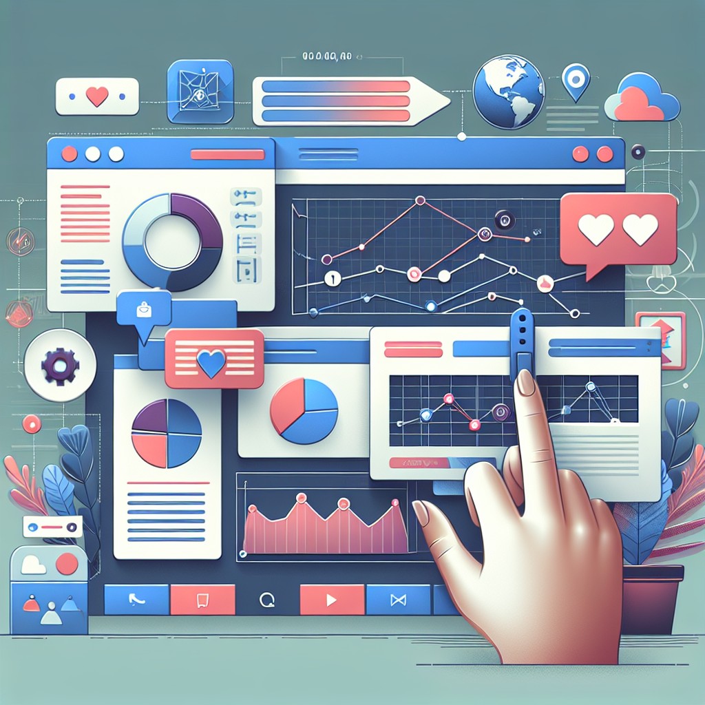 Une illustration montrant une interface web en cours de développement, avec des graphiques de performance et des éléments de réseaux sociaux intégrés.