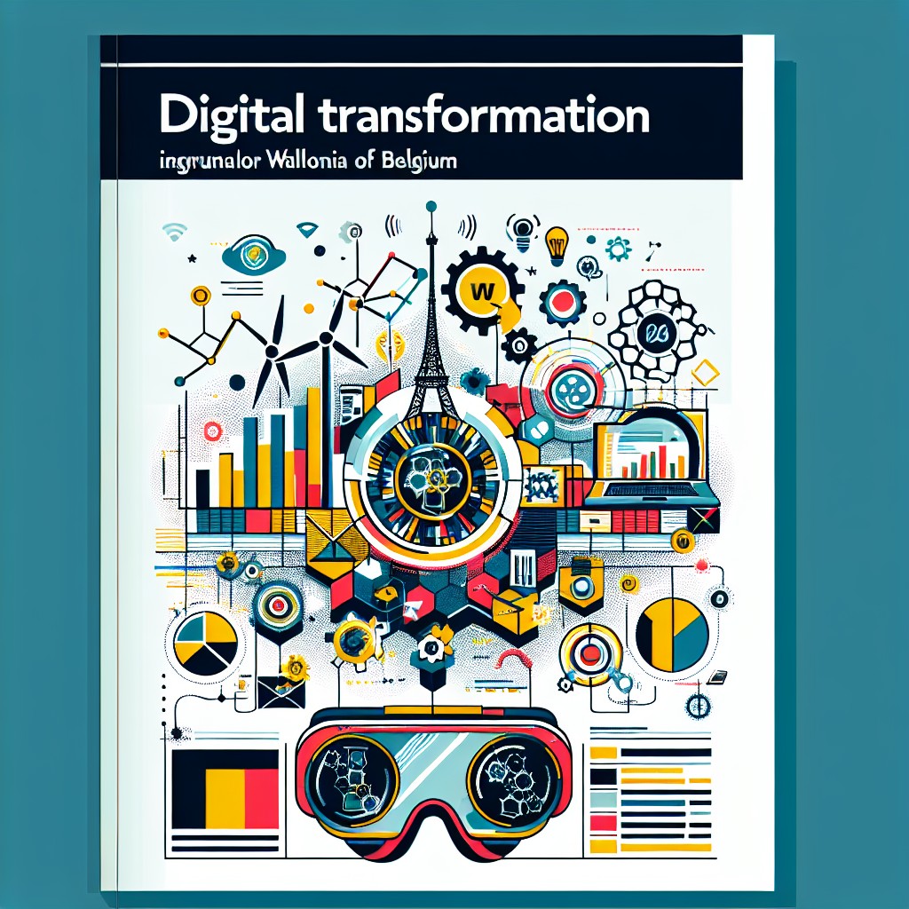 Couverture représentant la transformation digitale en Wallonie, avec des éléments comme des graphiques et des technologies numériques.