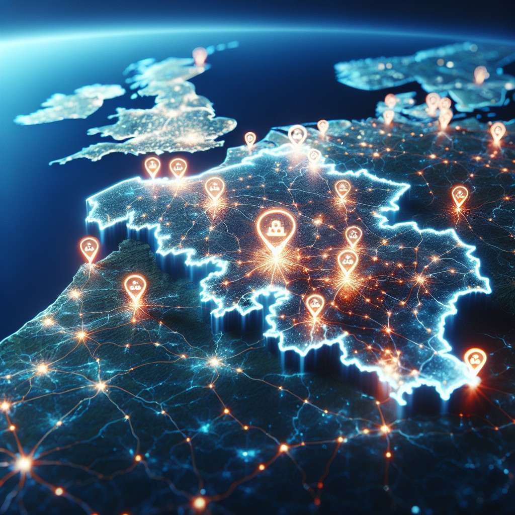 Une carte de la Belgique illuminée de points indiquant une présence en ligne optimisée