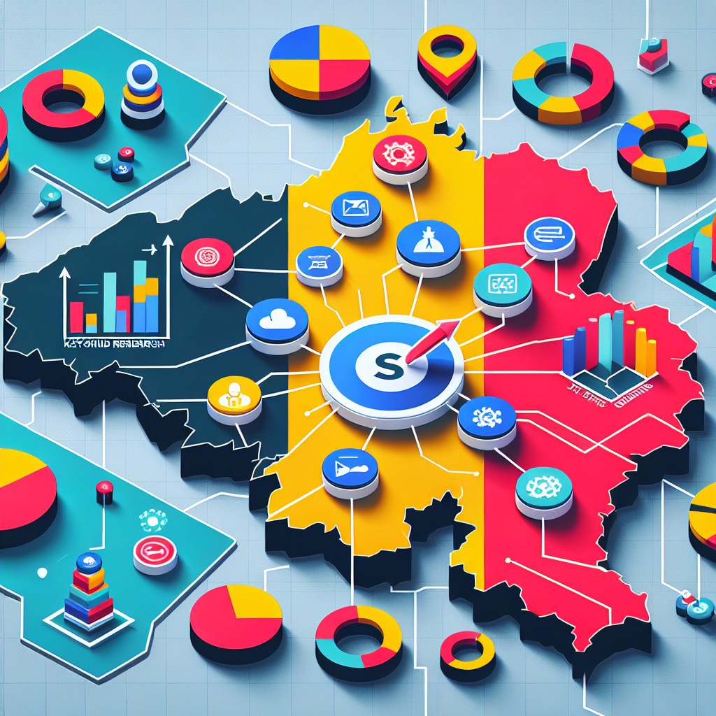 Graphiques et icônes représentant les différentes stratégies SEO sur une carte de la Belgique