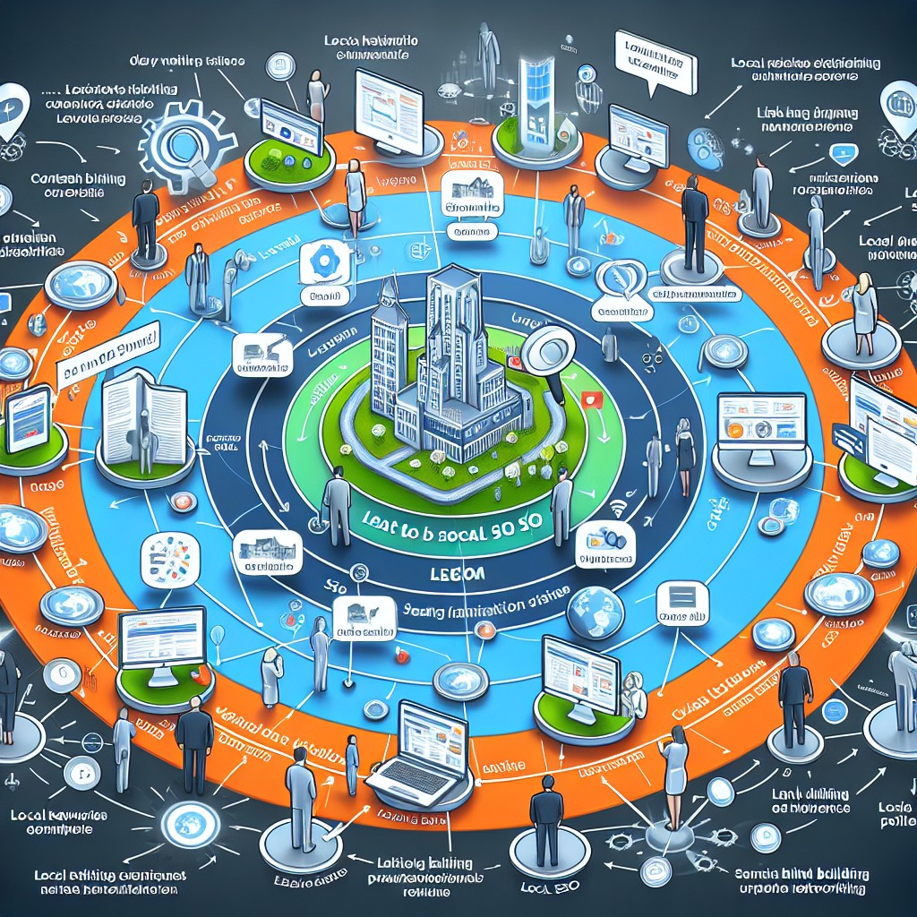 Schéma illustrant les différentes stratégies de SEO local pour les entreprises belges, incluant l'optimisation de sites web et le networking local.