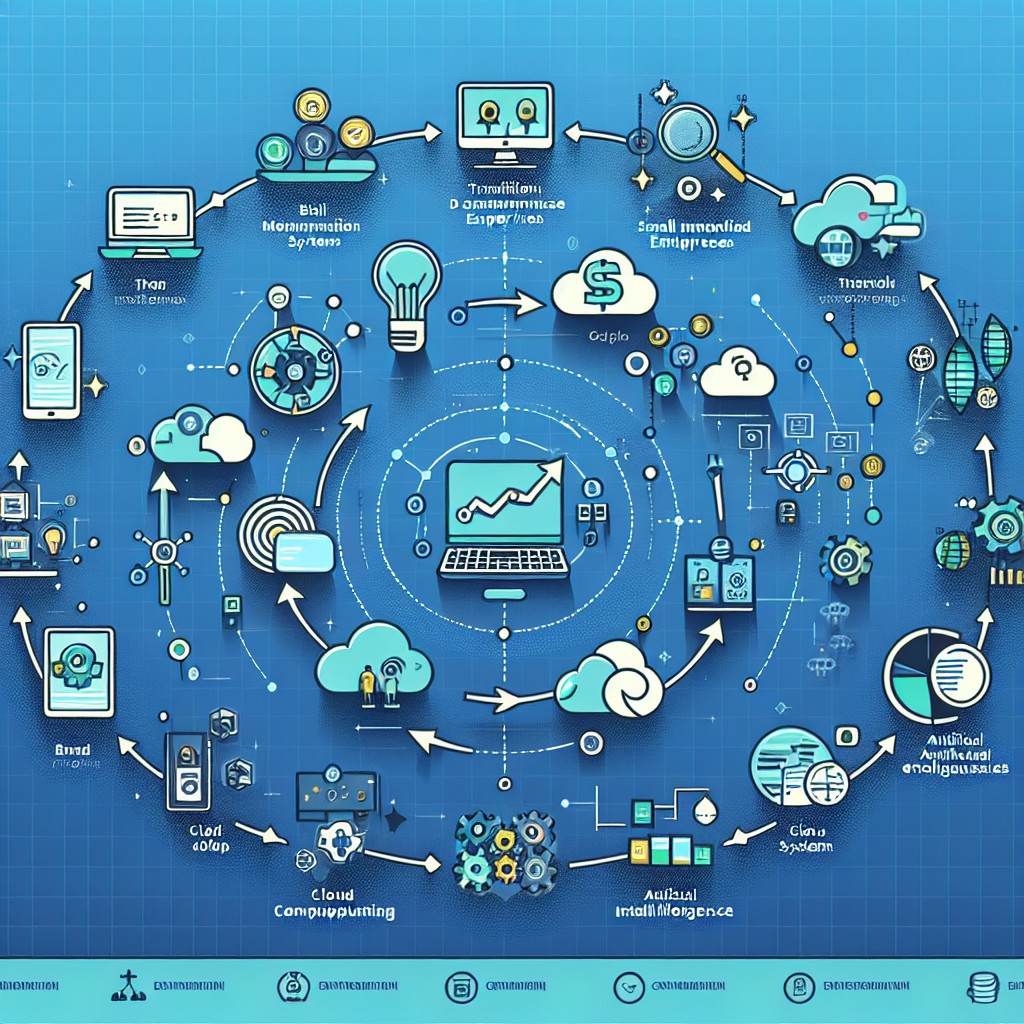 Graphique illustrant la transformation digitale des PME avec des icônes de technologie et des données.