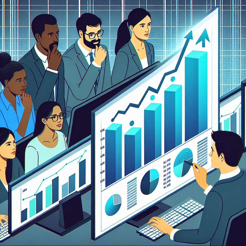 Un graphique illustrant la croissance des données en entreprise, avec des PME analysant des données numériques sur un écran d'ordinateur.