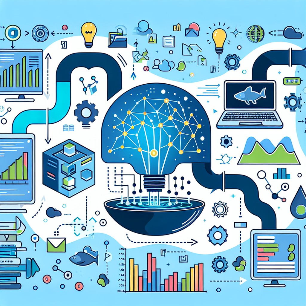 Illustration montrant des flux de données et des algorithmes d'apprentissage automatique en action, représentant la transformation de données en insights exploitables.