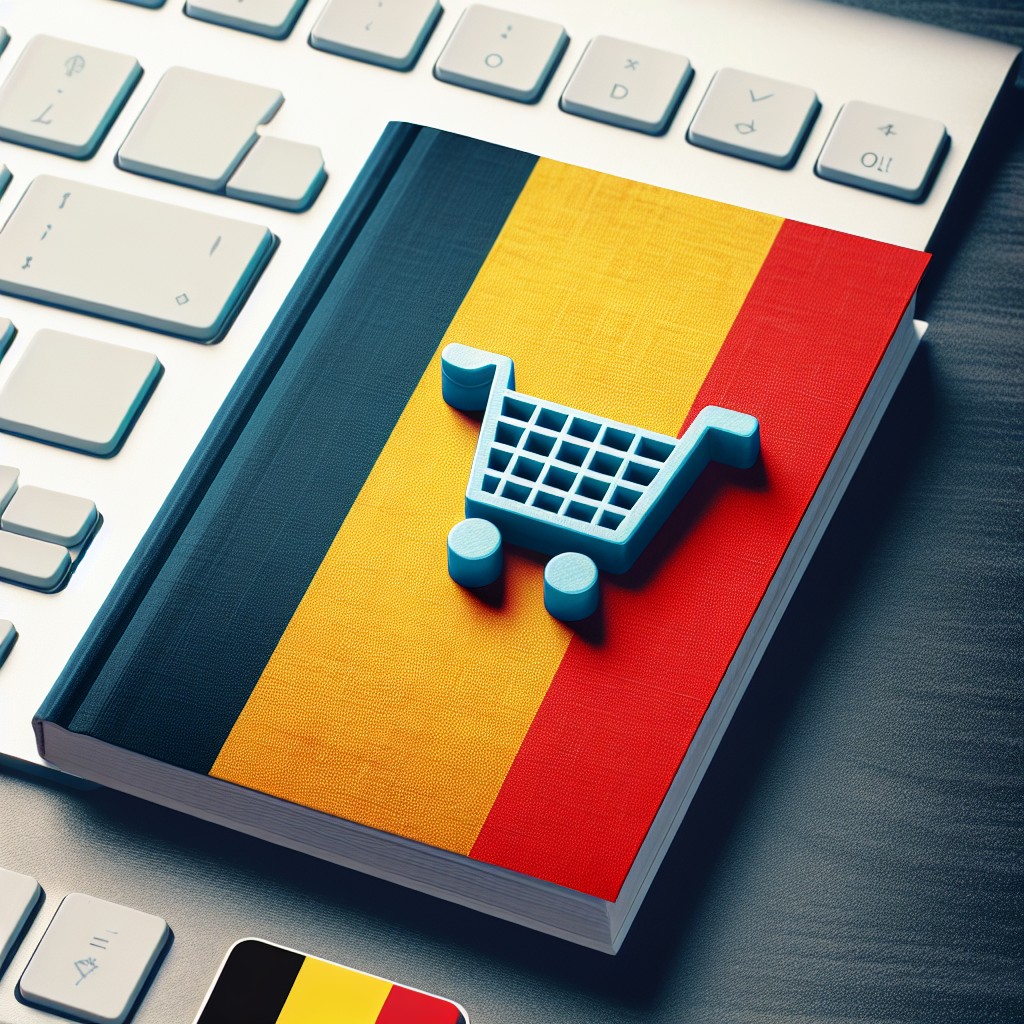 Image de couverture montrant un clavier avec un symbole d'achat en ligne, représentant l'e-commerce en Belgique, avec des drapeaux belge pour symboliser la diversité linguistique.