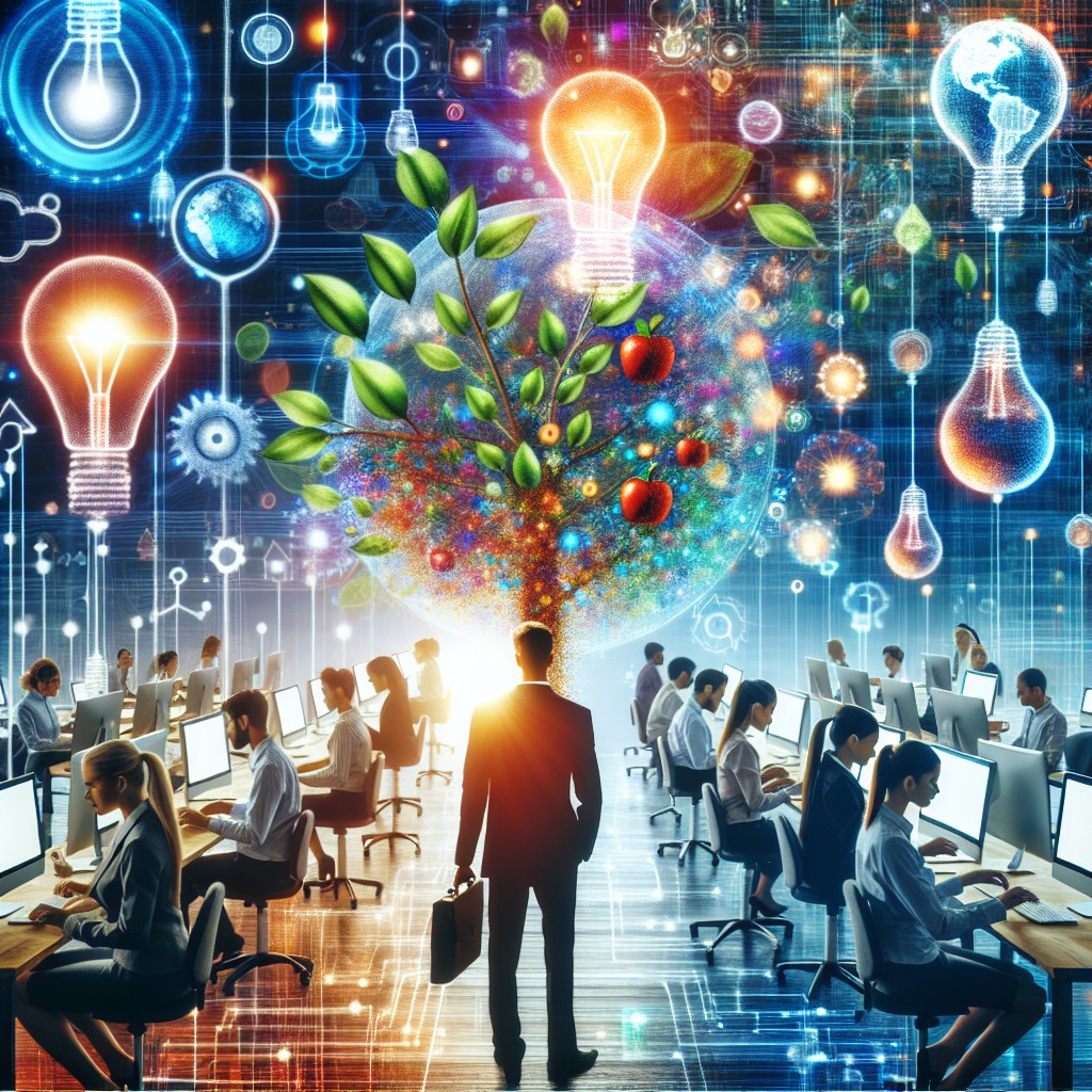 Une image vibrante représentant une start-up technologique dynamique avec un symbole de croissance et d'innovation.