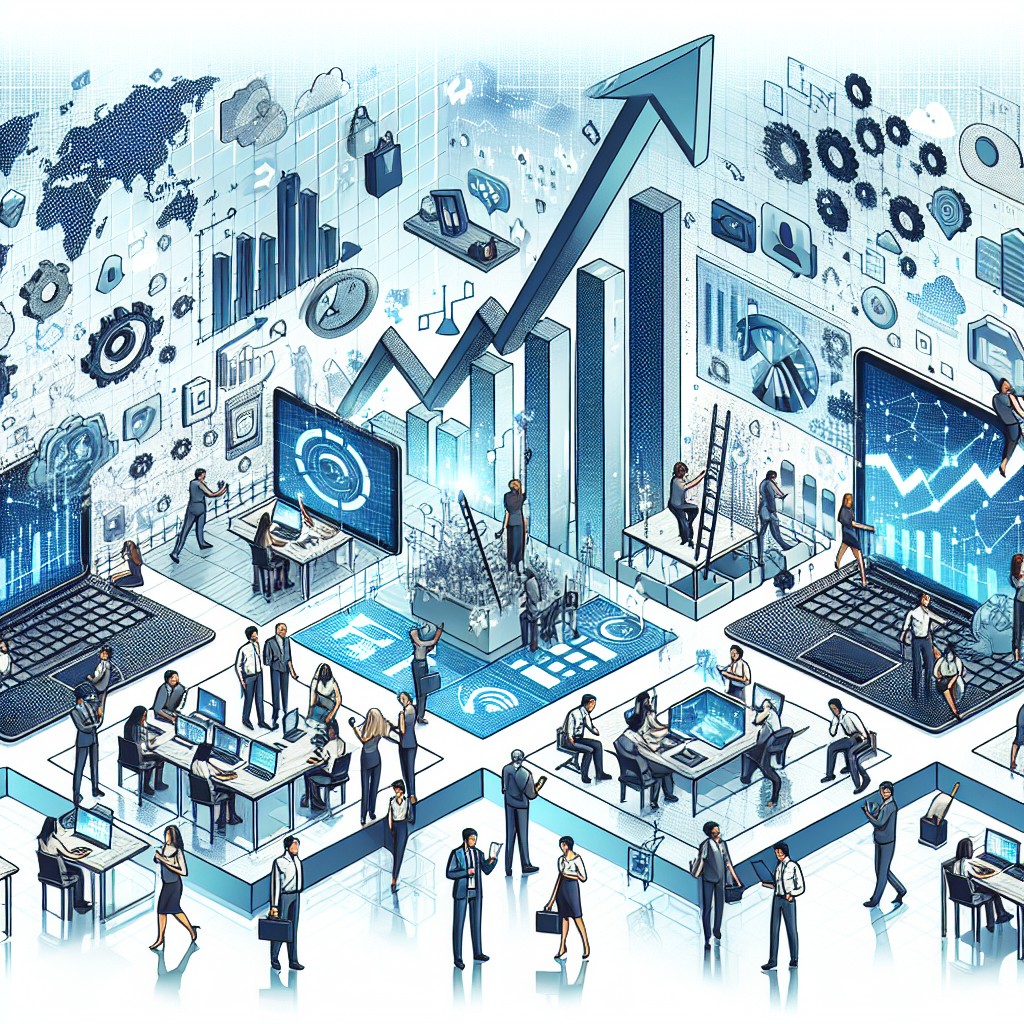 Une PME dynamique illustrée avec des graphiques de croissance digitale et des outils technologiques modernes.