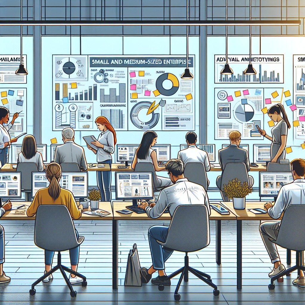 Image de couverture illustrant un bureau moderne avec des PME utilisant des outils de marketing digital avancés.