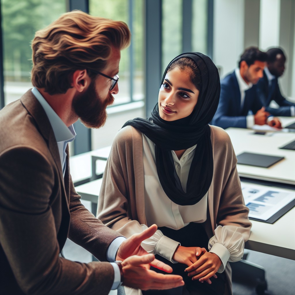 Une femme entrepreneuse en Wallonie discutant avec son mentor dans un cadre professionnel, symbolisant le soutien et la croissance.