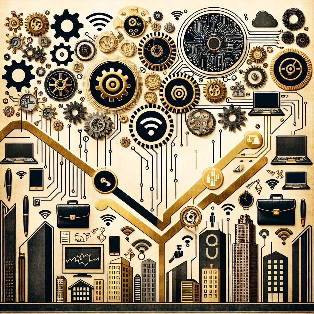 Une métaphore visuelle de la transformation numérique d'une entreprise, avec des éléments représentant la connexion entre technologie et business traditionnel.