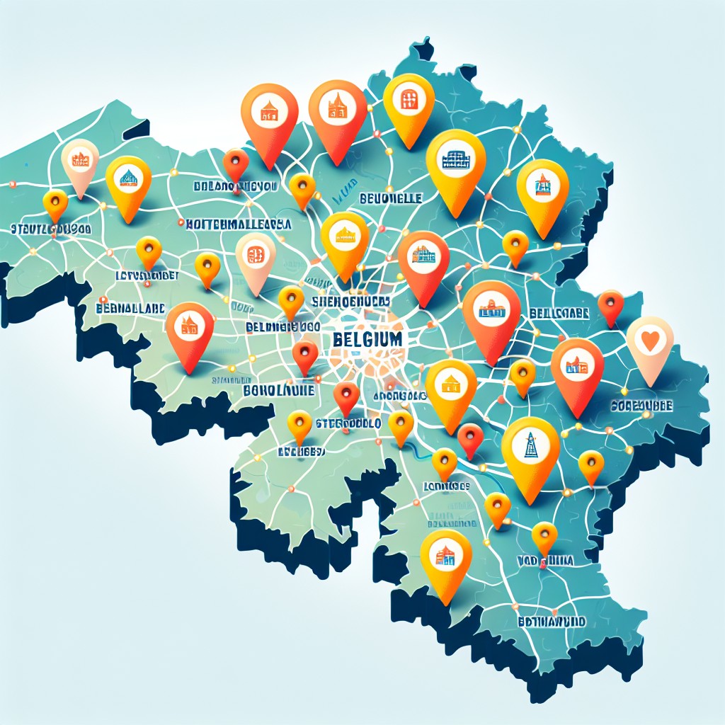 Une carte de la Belgique mettant en évidence les villes avec des pins indiquant des entreprises locales prospères