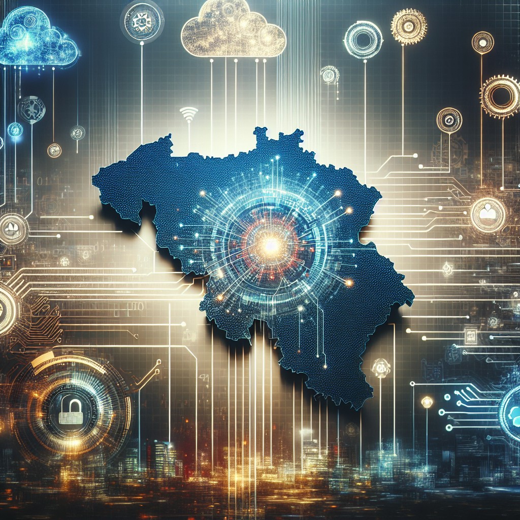 Une image représentant une carte de Wallonie entourée d'éléments numériques et technologiques symbolisant la transformation digitale des entreprises de la région.