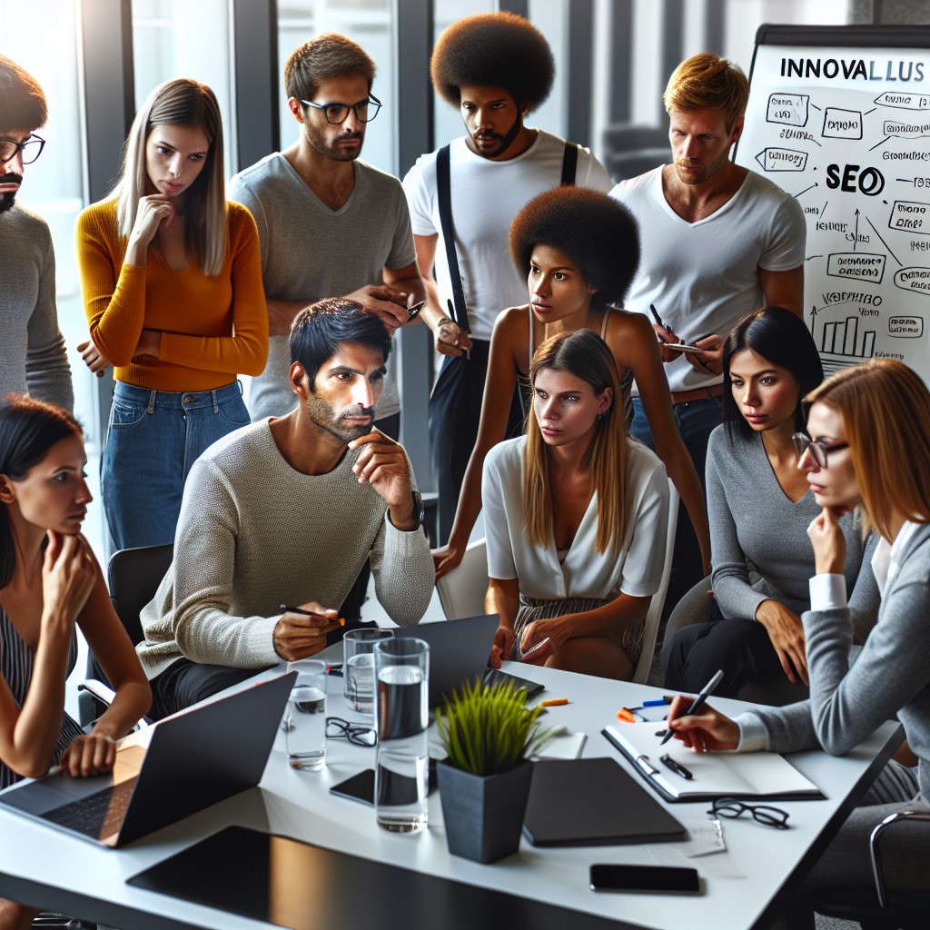 Innovaplus team collaborating on an SEO strategy in a modern office setting.