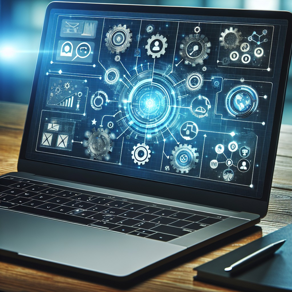 Un ordinateur portable ouvert montrant un diagramme de processus digitalisé avec des icônes technologiques, représentant la transformation digitale des entreprises.