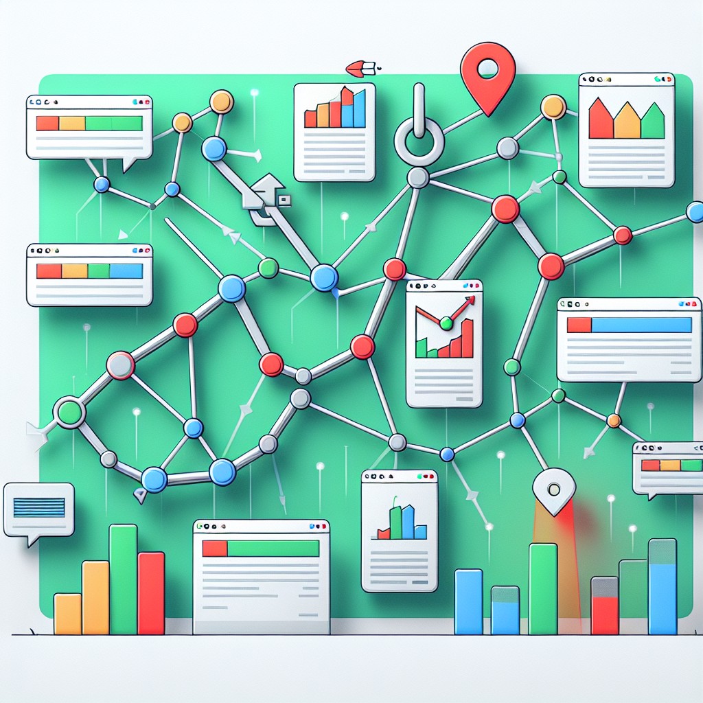 Illustration montrant des graphes de croissance SEO et des backlinks connectant divers sites web, représentant l'impact des backlinks sur le classement SEO.