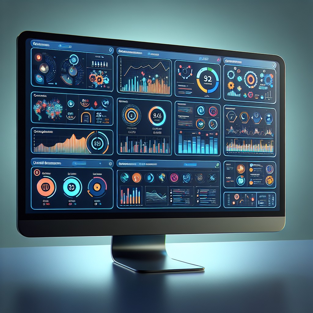 Un écran d'ordinateur montrant un tableau de bord de gestion digitale pour PME avec graphiques et statistiques.