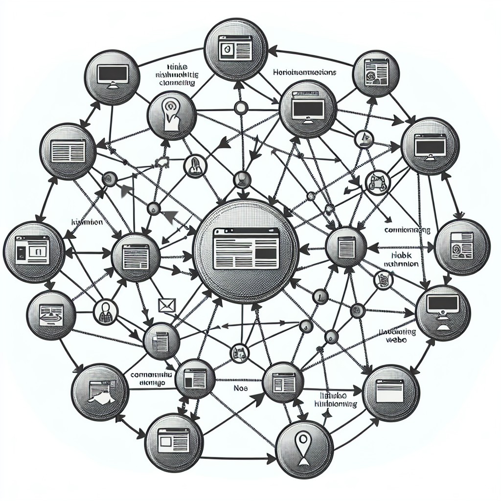 Un graphique illustrant un réseau de liens entre différents sites web, symbolisant la stratégie de netlinking.