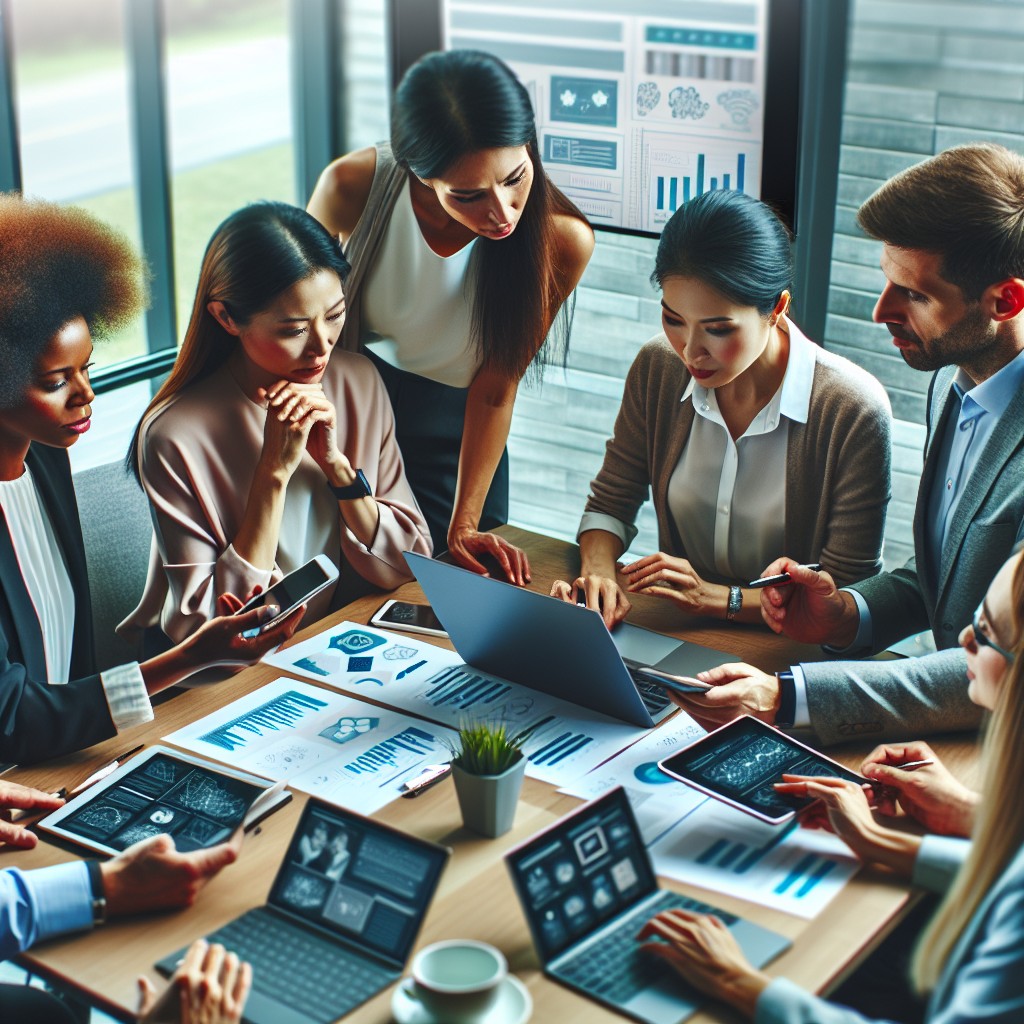 Un groupe de professionnels travaillant autour d'une table, symbolisant la collaboration et la mise en œuvre de solutions technologiques pour la transformation digitale.