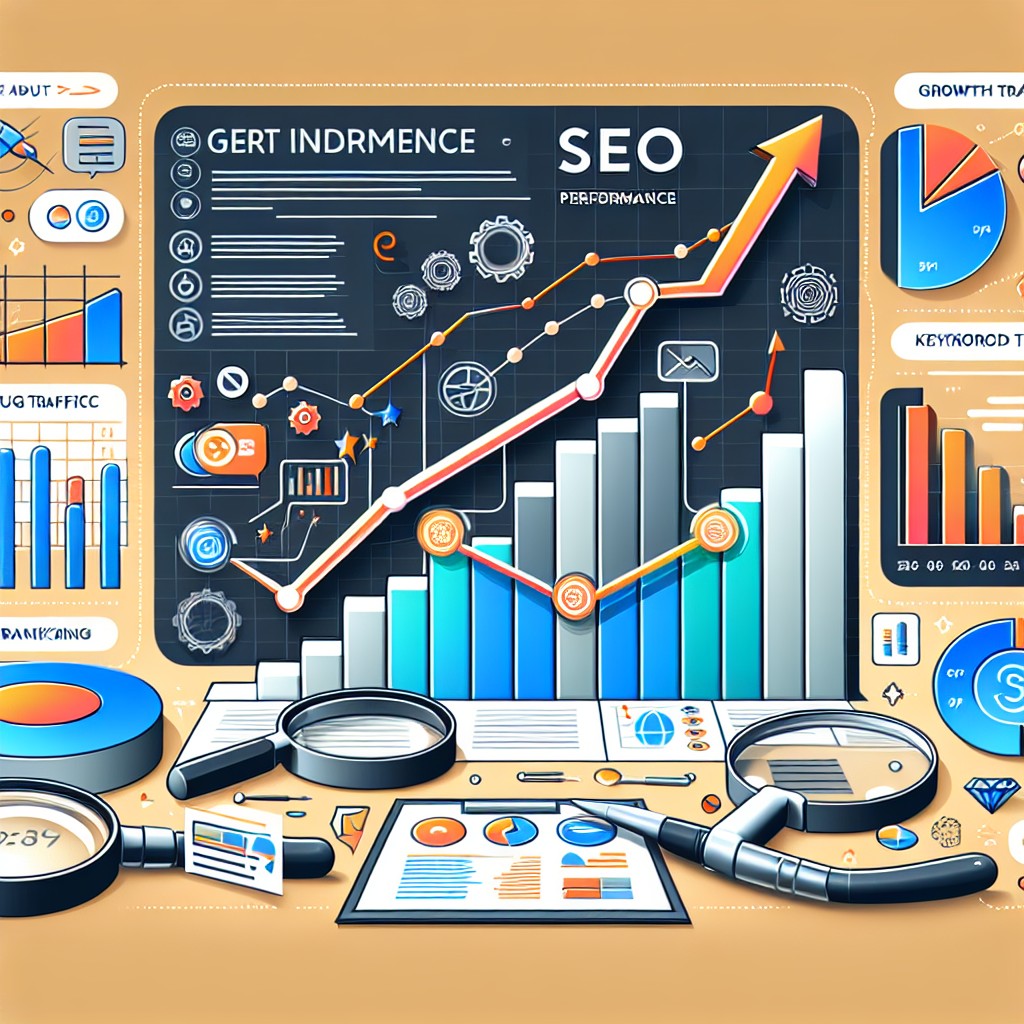 Image de couverture montrant des graphiques de performance SEO avec des indicateurs de croissance et des outils analytiques.