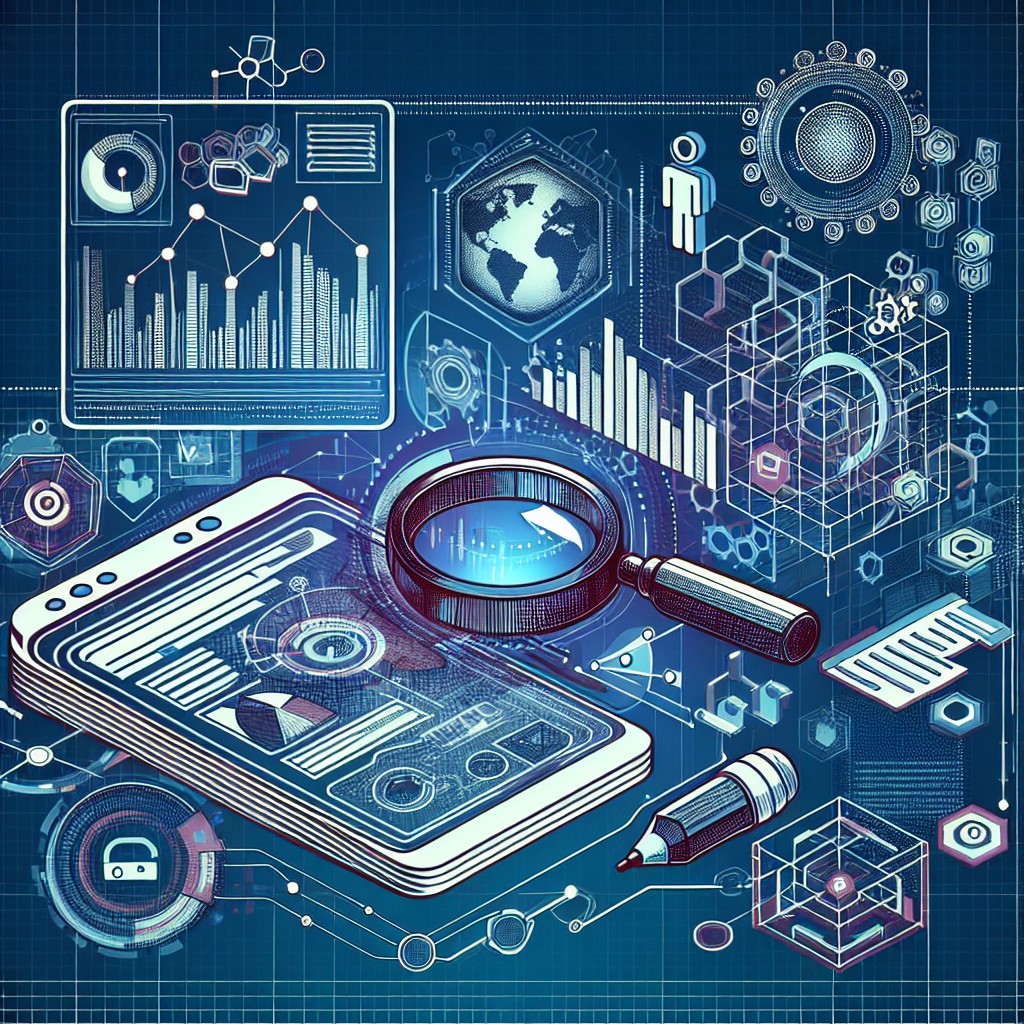 Une illustration représentant des éléments digitaux tels que des graphiques de données, une loupe sur un écran de site web, et des éléments interactifs pour symboliser les stratégies de contenu en ligne.