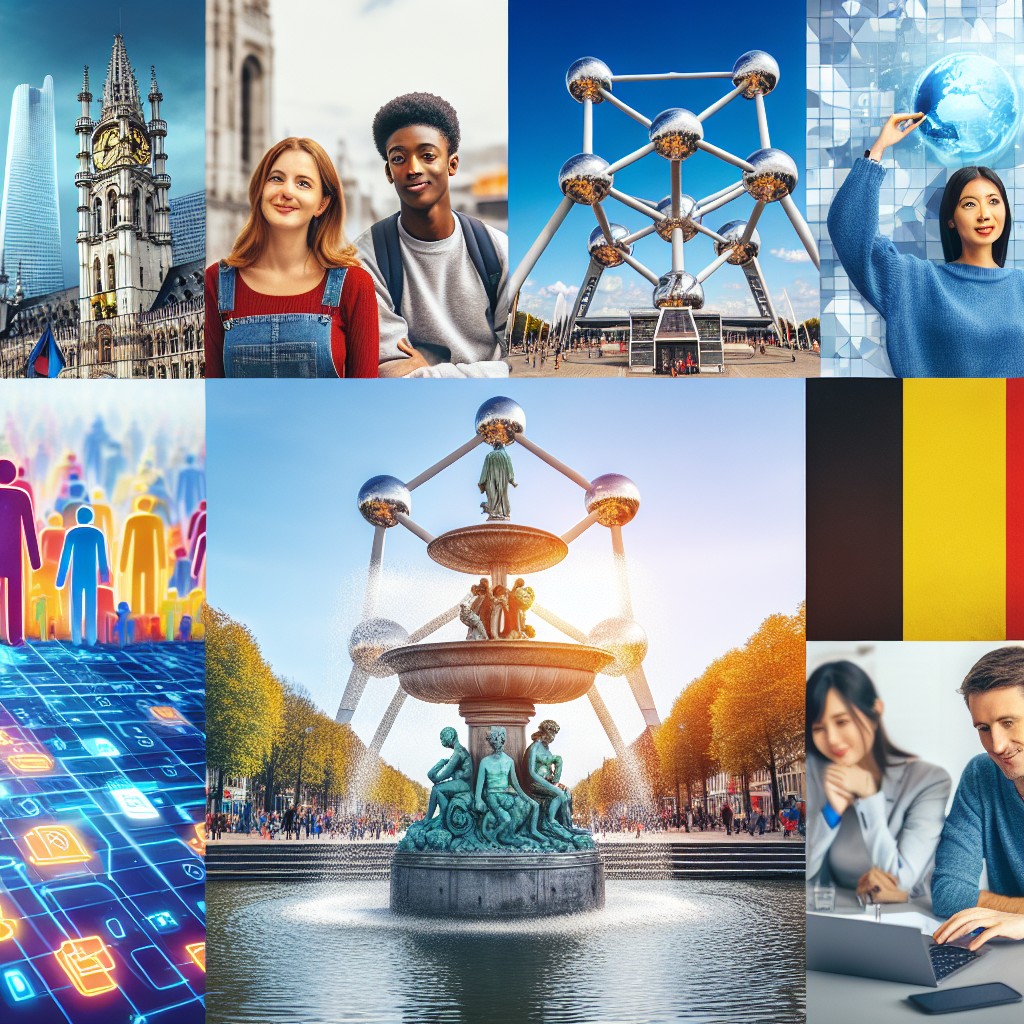 Un collage d’images représentant des éléments de la Belgique : le Manneken Pis, l’Atomium, et des personnes travaillant sur du contenu numérique.