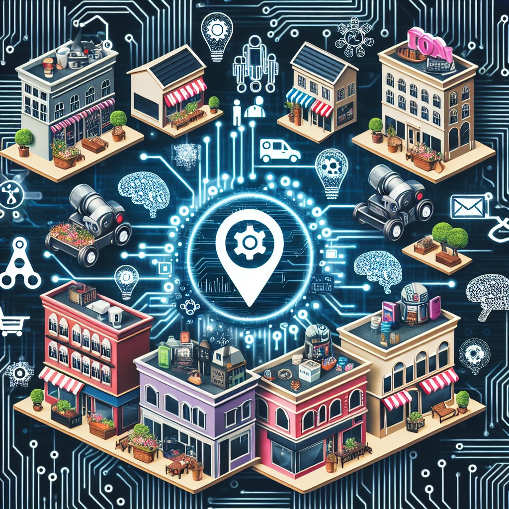 Une image représentant des entreprises locales avec des icônes de référencement et d'intelligence artificielle en arrière-plan.