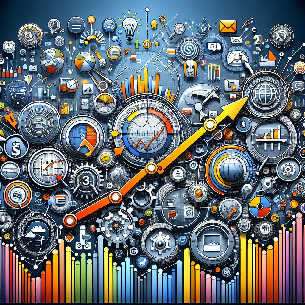 Image de couverture illustrant des outils numériques de marketing digital avec des graphiques de tendances et des icônes de divers canaux en ligne.