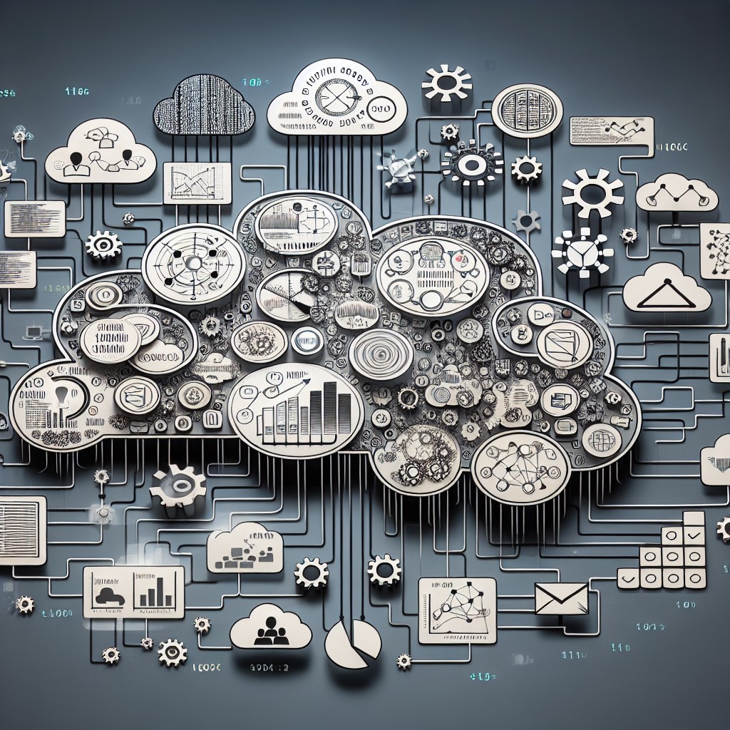 Une illustration représentant des graphiques de flux de données et des algorithmes de machine learning, montrant l'intégration de la technologie dans des processus d'entreprise.