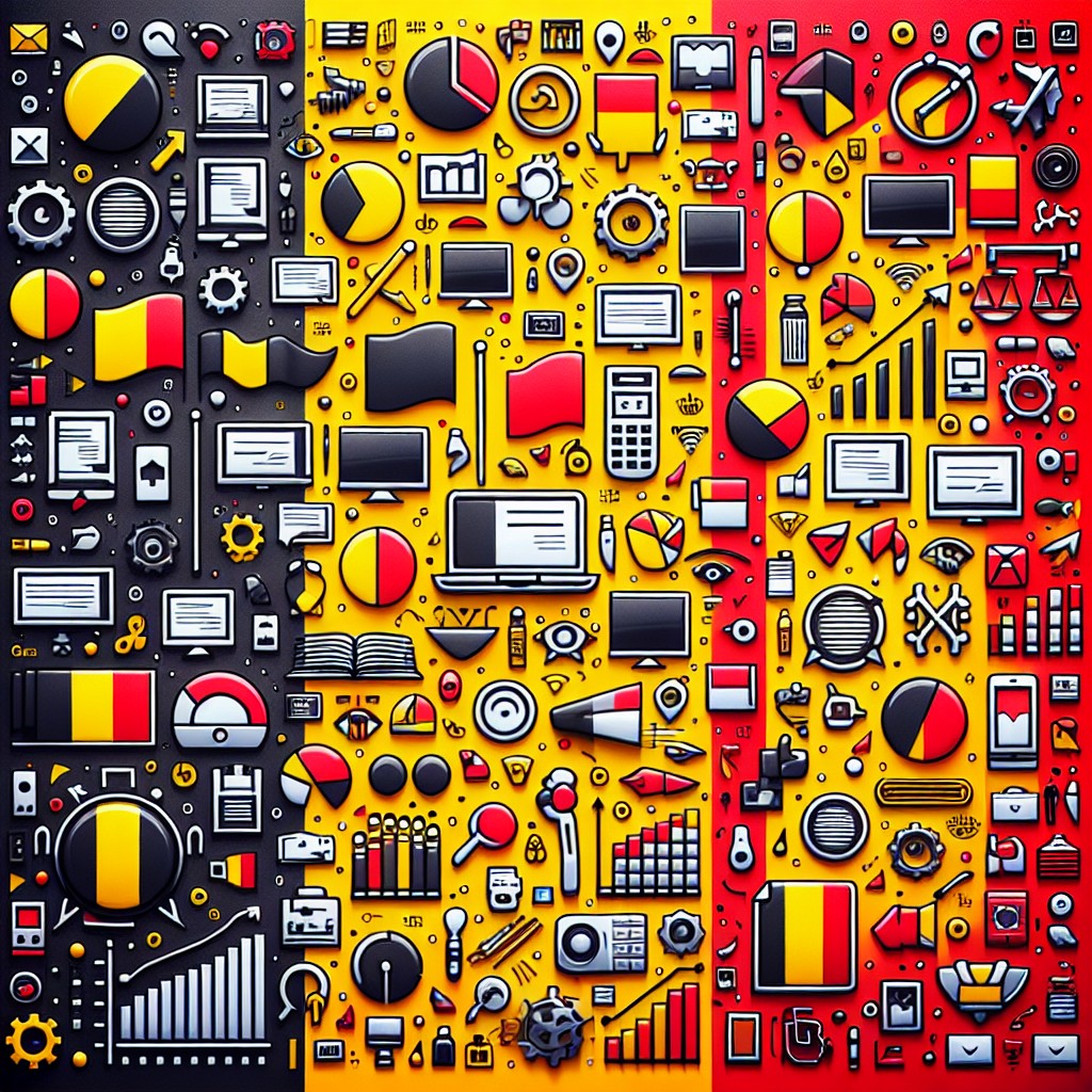 Image de couverture montrant une diversité d'outils et d'éléments de marketing digital, sur fond de drapeau belge illustrant les trois régions linguistiques.