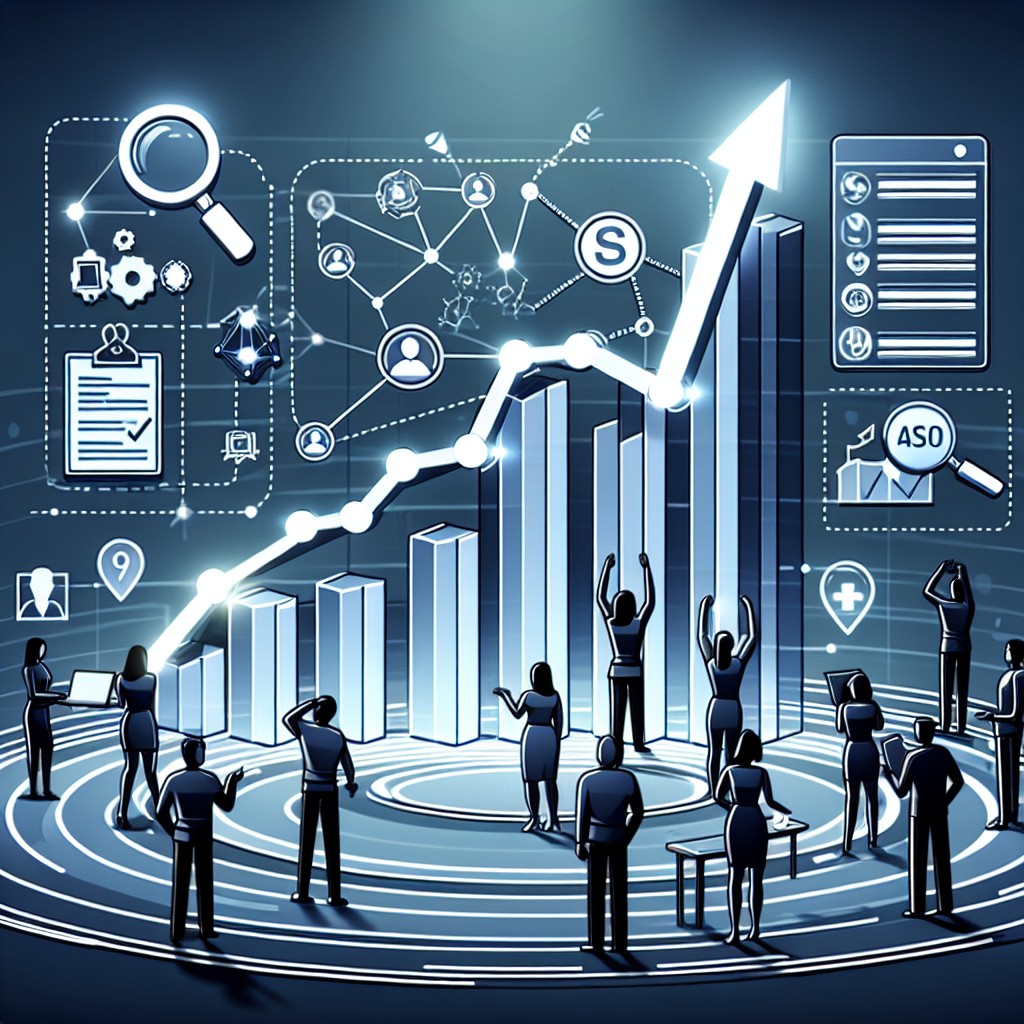 Une illustration décrivant la montée en popularité en ligne grâce aux techniques de SEO, avec un graphique montrant l'augmentation du trafic web