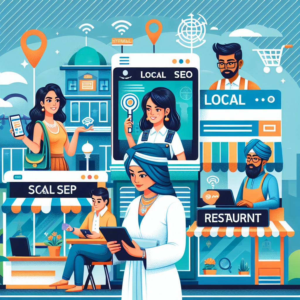 Une illustration représentant l'optimisation SEO local, montrant des entreprises locales attirant des clients grâce à des outils numériques.