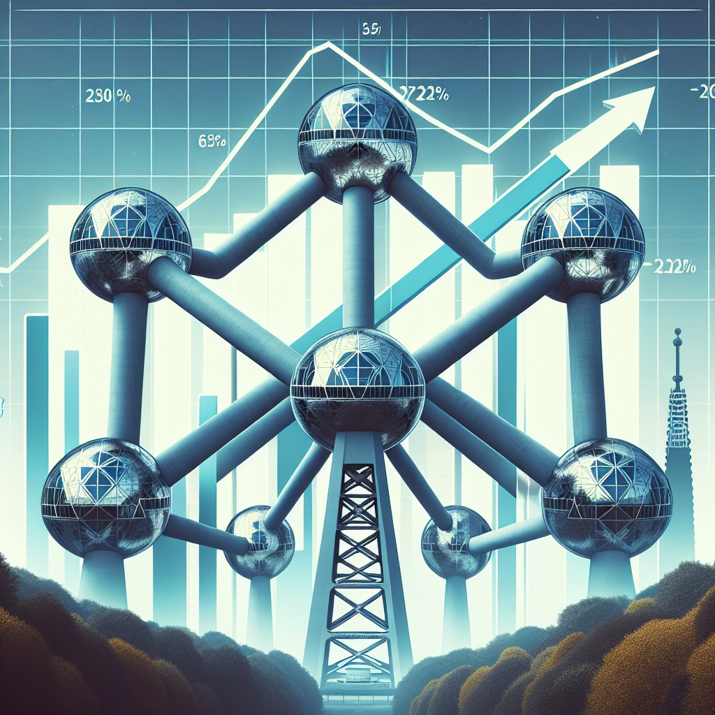 Une illustration montrant un graphique de montée en flèche, symbolisant la croissance du trafic web grâce au SEO, avec des éléments belges tels que l'Atomium en arrière-plan.