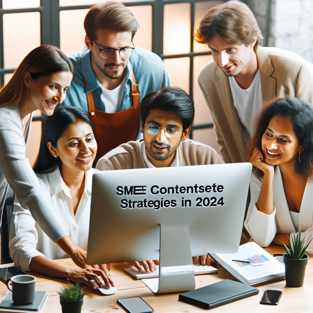 Couverture d'un article sur les stratégies de contenu pour les PME en 2024, montrant des entrepreneurs collaborant autour d'un ordinateur.