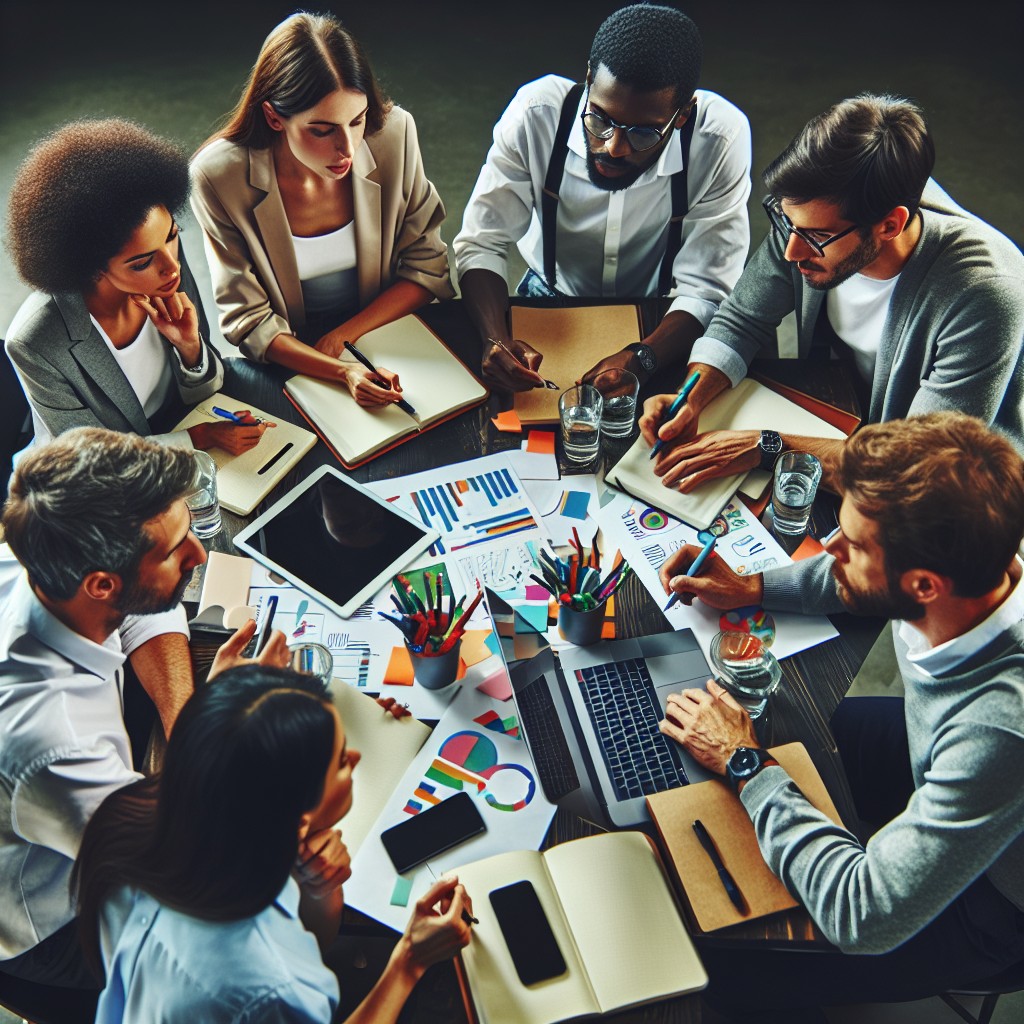 Image montrant une équipe en pleine séance de brainstorming sur une table, entourée de divers appareils numériques, symbolisant l'innovation et le marketing digital en Wallonie.