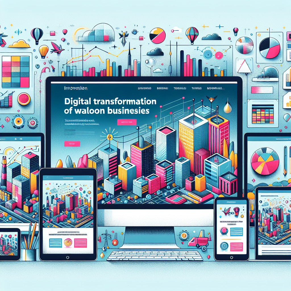 Couverture illustrant la transformation numérique des entreprises wallonnes par Innovaplus, montrant un site web moderne sur différents appareils.