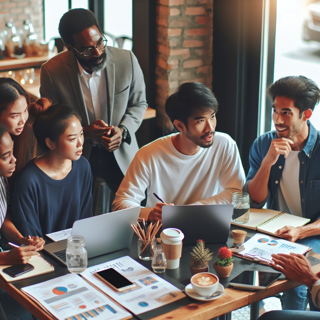 Des entrepreneurs locaux discutant de stratégies marketing autour d'une table avec des ordinateurs portables et des notes dans un café chaleureux.