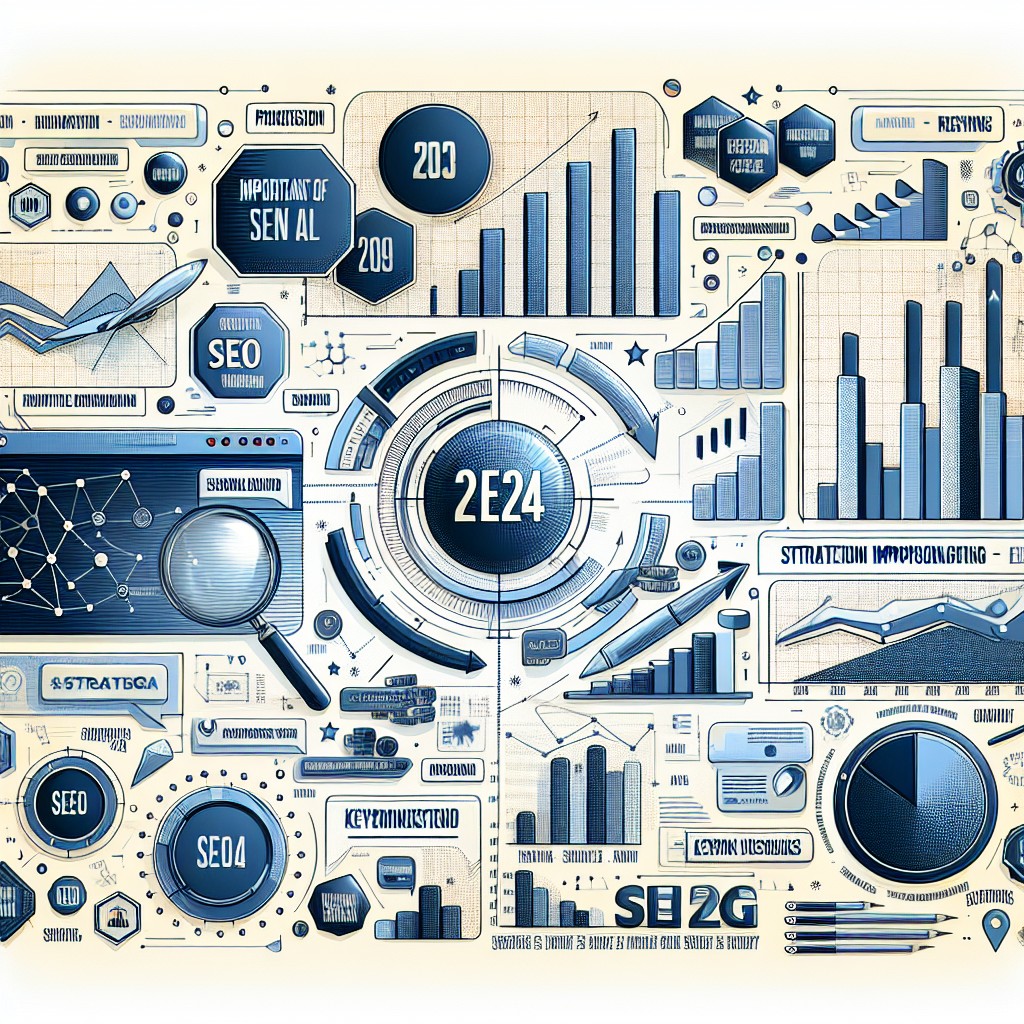 Couverture illustrant l'importance du SEO en 2024, incluant graphiques et mots-clés.