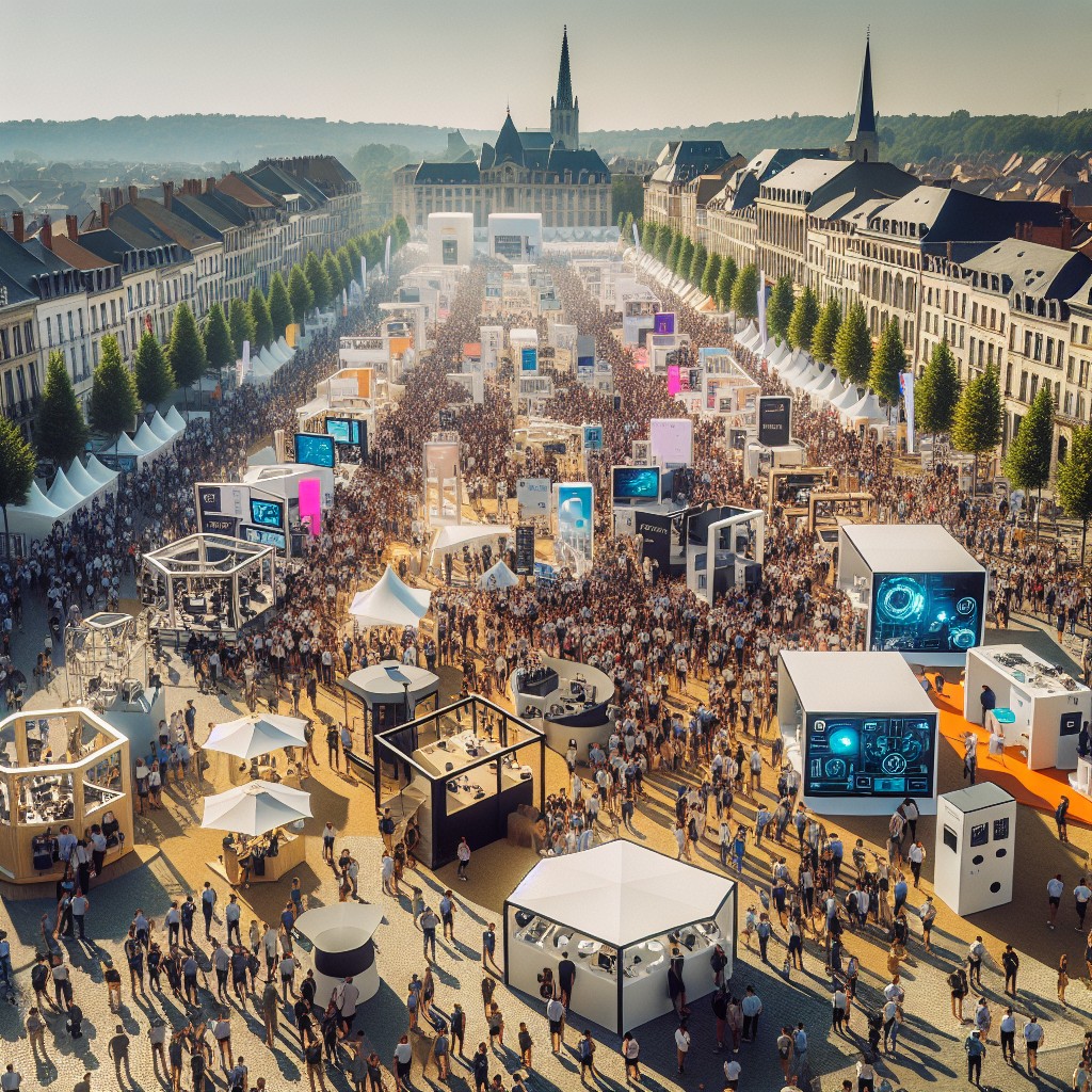 Vue aérienne de la Wallonie, illustrant un événement vibrant avec des stands d'expositions technologiques et des foules engagées.