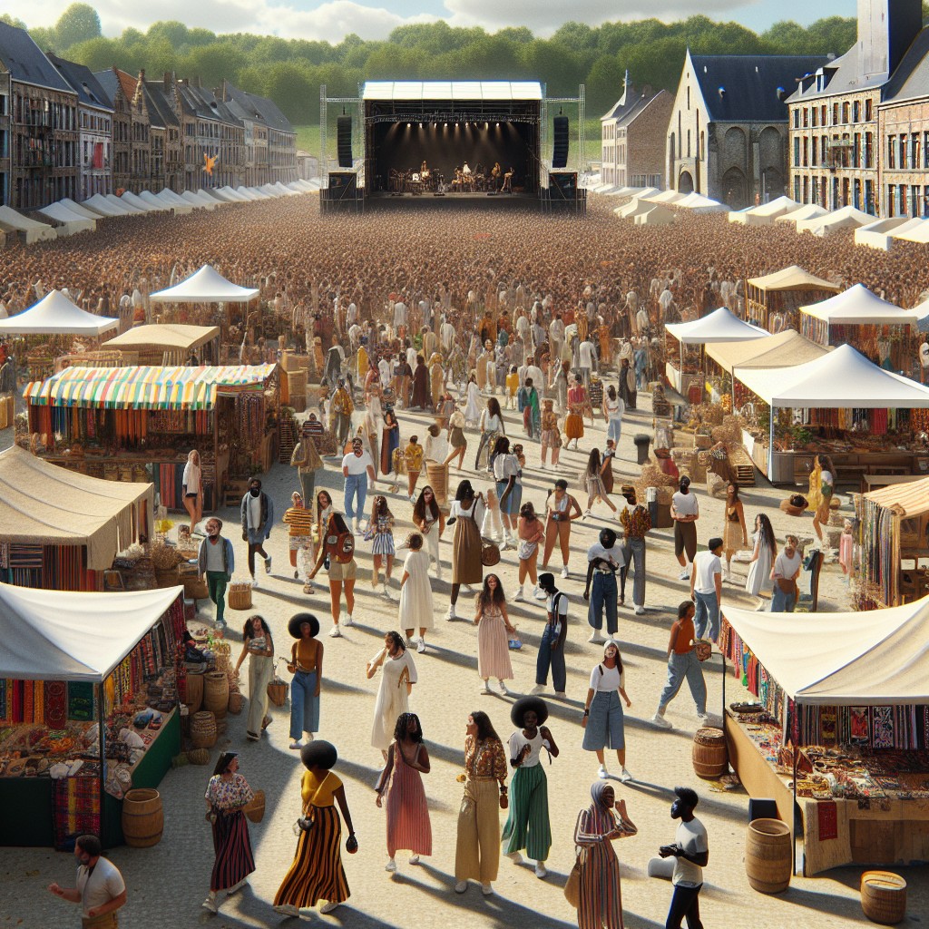 Vue panoramique d'un festival en plein air en Wallonie, avec une foule enthousiaste, stands artisanaux et une scène de concert.