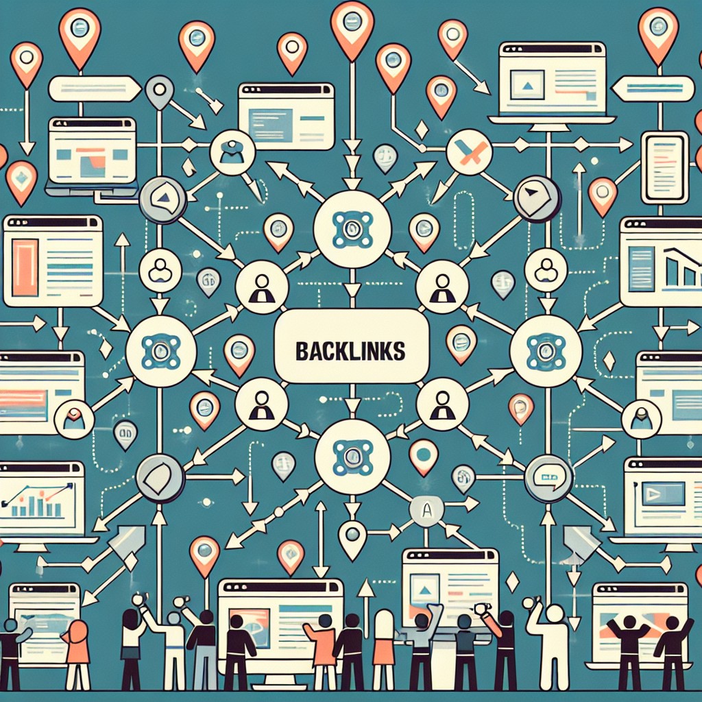 Image de couverture illustrant l'importance des backlinks dans le SEO, avec plusieurs flèches indiquant des connexions entre différents sites web.