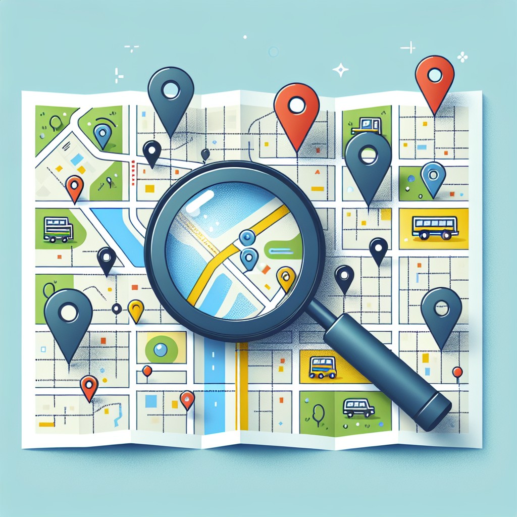 Image de couverture illustrant une carte locale avec des épingles de localisation et une loupe, symbolisant le SEO local.