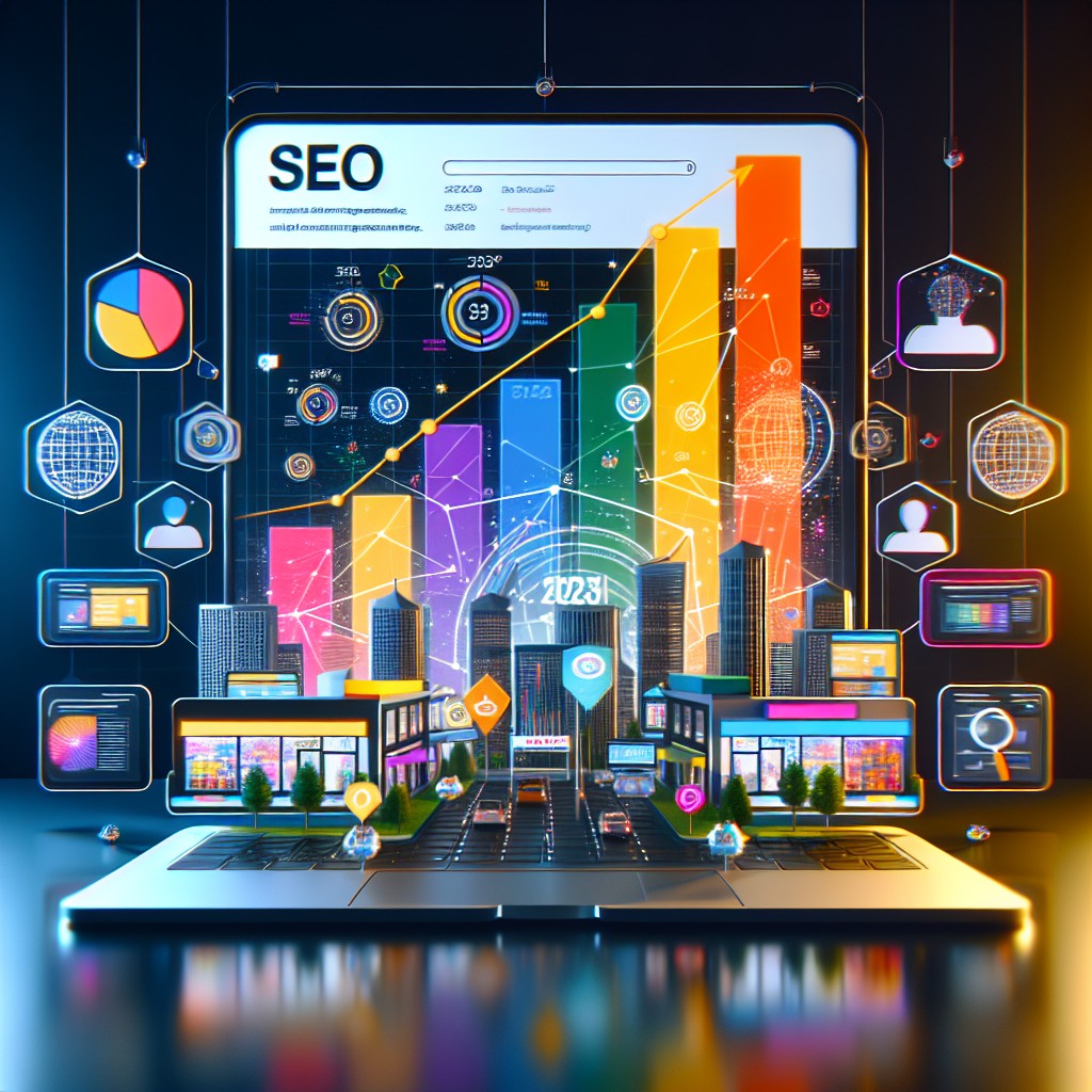 Image de couverture illustrant l'importance du SEO pour les PME en 2024, montrant des graphiques de performance SEO et des entreprises en ligne.