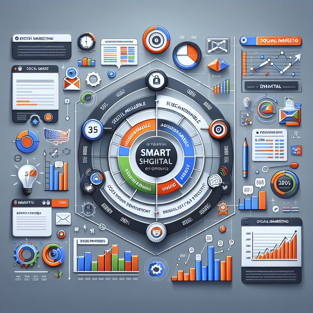 Un graphique représentant des objectifs SMART dans un contexte numérique avec éléments visuels de marketing digital.